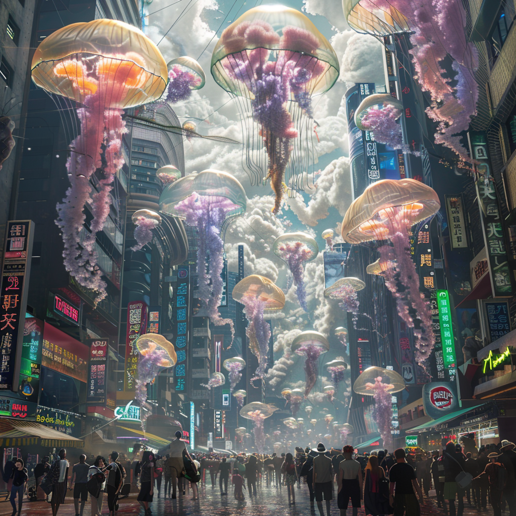 Colorful jellyfish above alien street