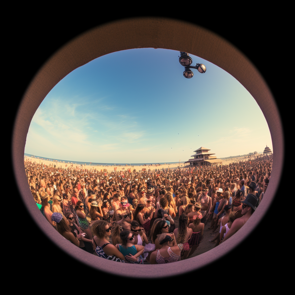 Fisheye photo of a crowded beach with Taylor Swift and small business stand