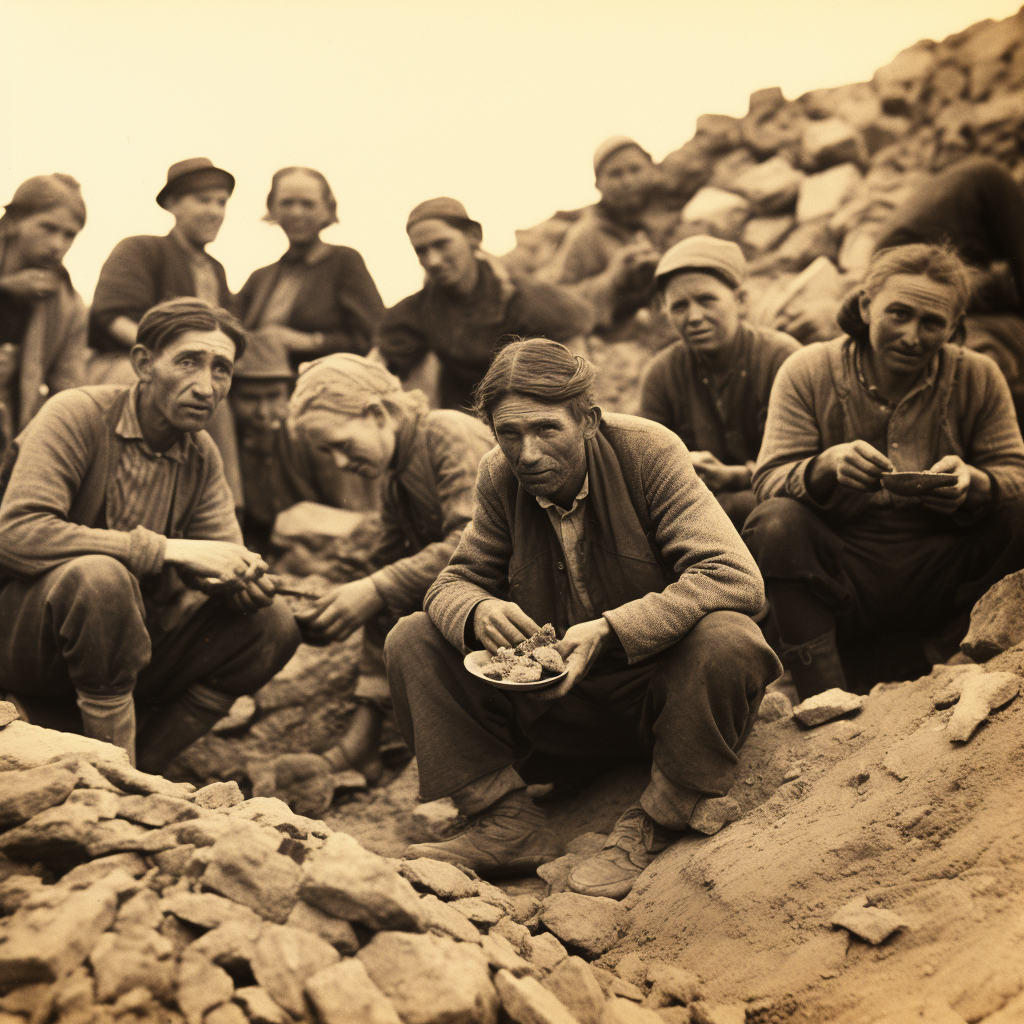 People eating bread in crowded conditions