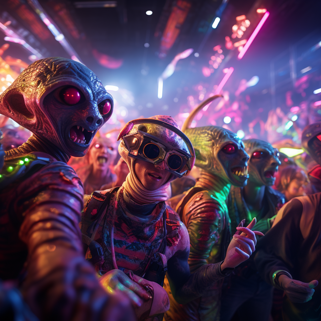 Cute aliens dancing at a crowded rave