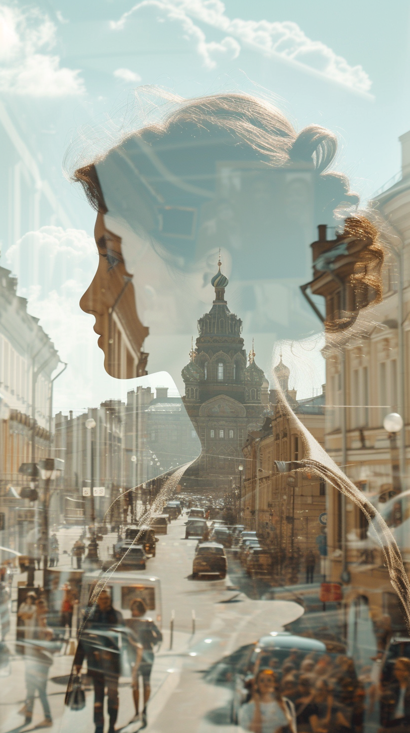 Double exposure crowded Saint Petersburg