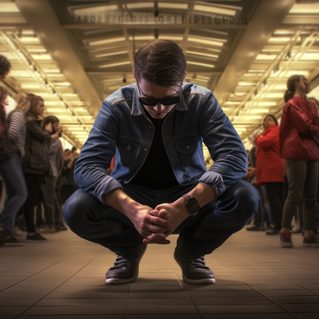 Man blindfolded and kneeling in shopping center