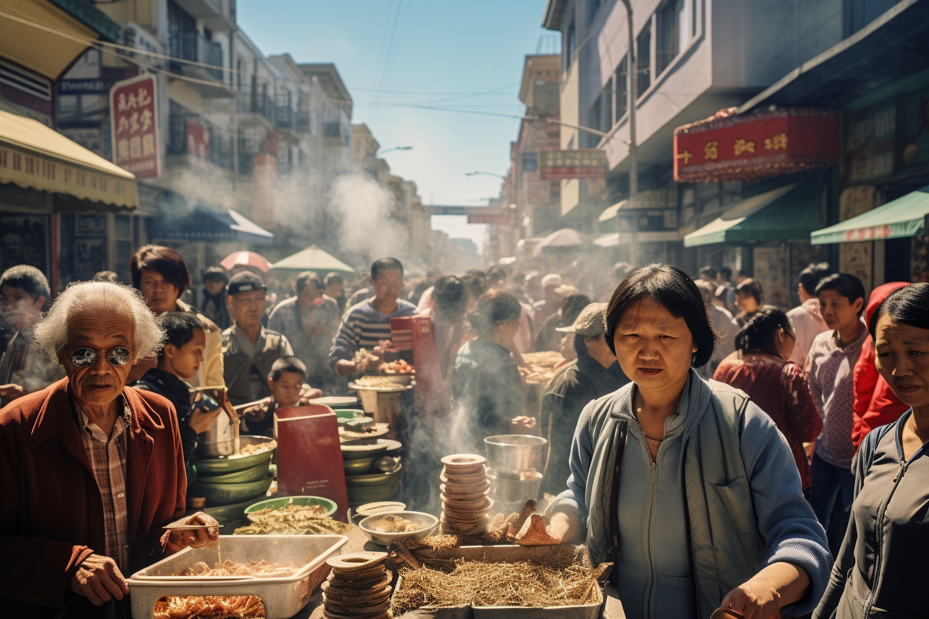 Diverse crowd enjoying street market delicacies