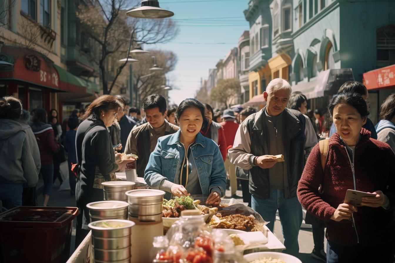 People enjoying Irish-Chinese street market delicacies