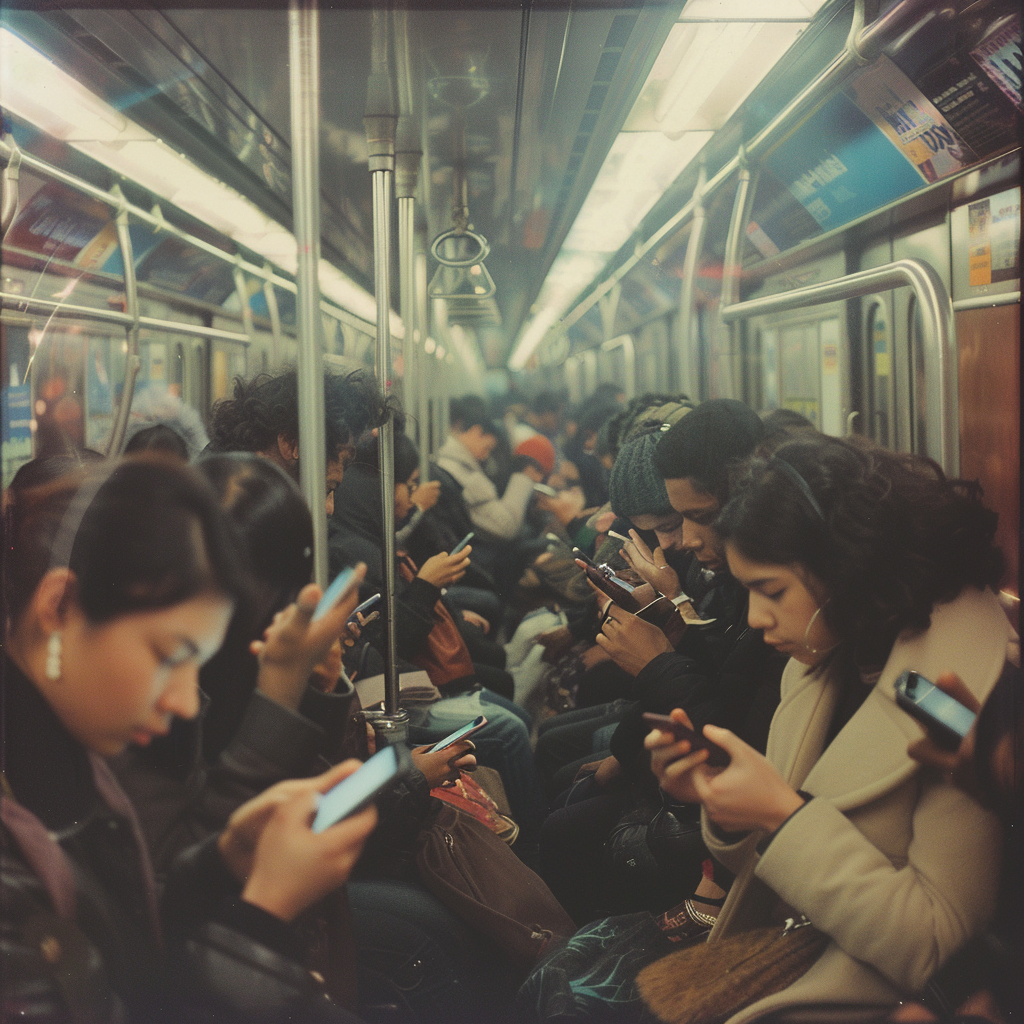 crowded subway with mobile phone users