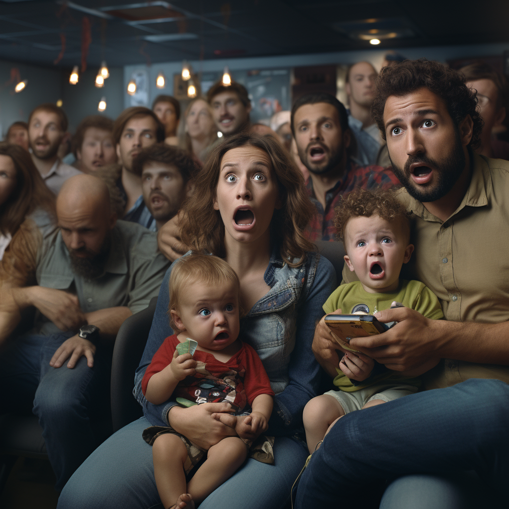 Parents and children in a crowded waiting room