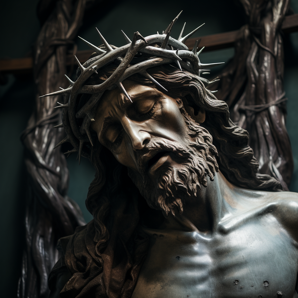 Crown of thorns on Jesus hanging on cross