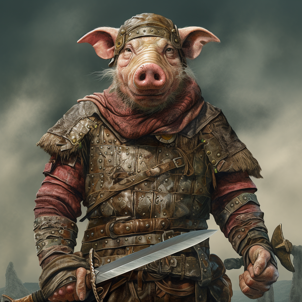 Cruel leering pig man with rusty cleaver