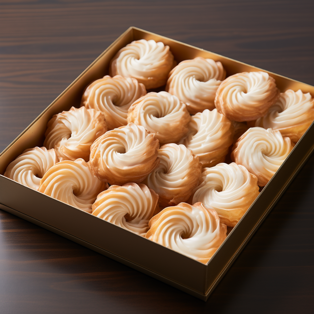 Delicious traditional crullers in a white clamshell box