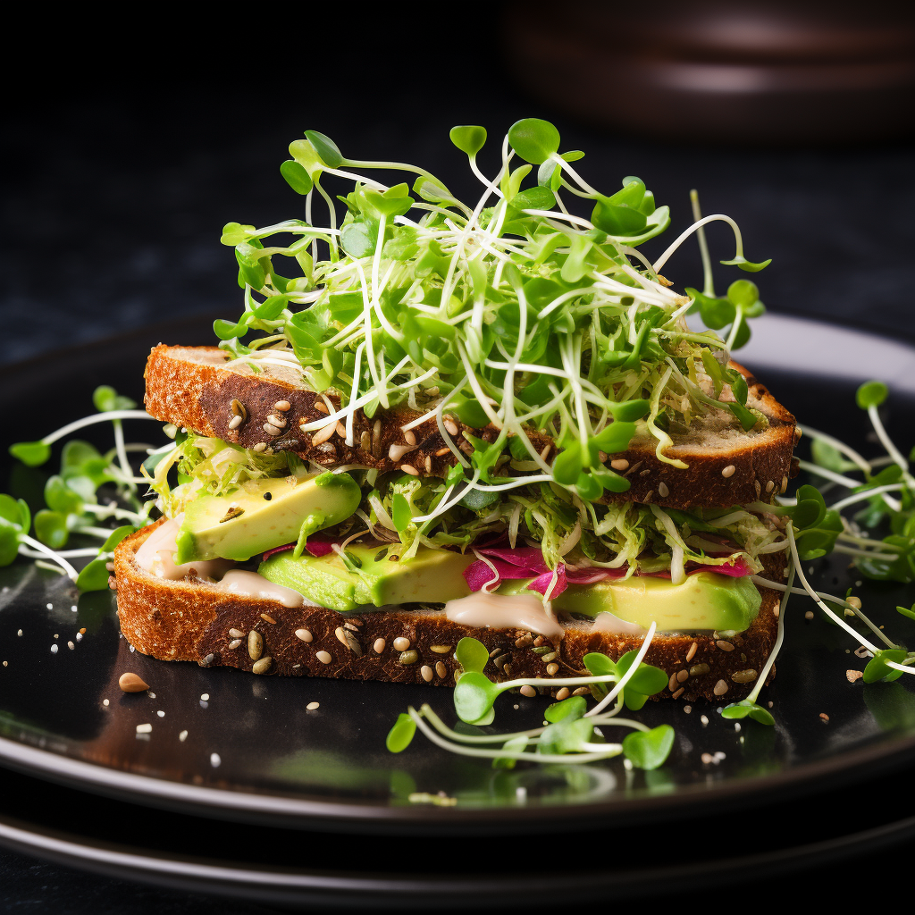 Tasty sandwich with sprouts and avocado on black plate