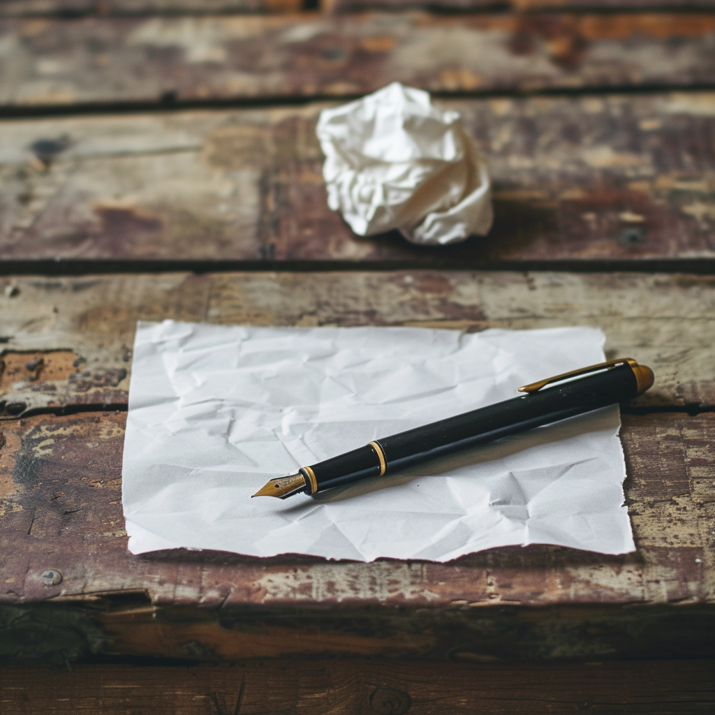 Crumpled sheet of paper, pen, wooden table