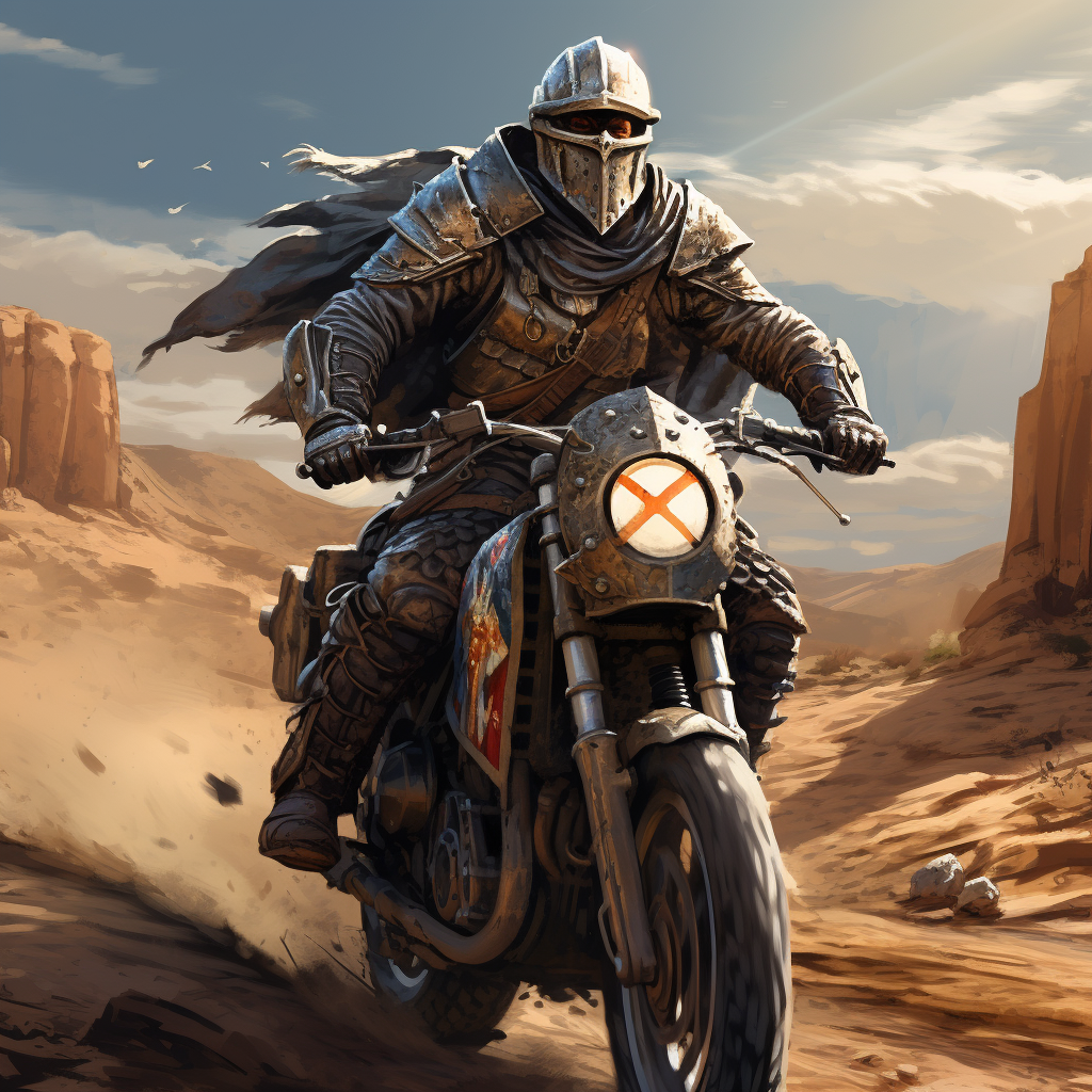 Crusader soldier on a motorcycle