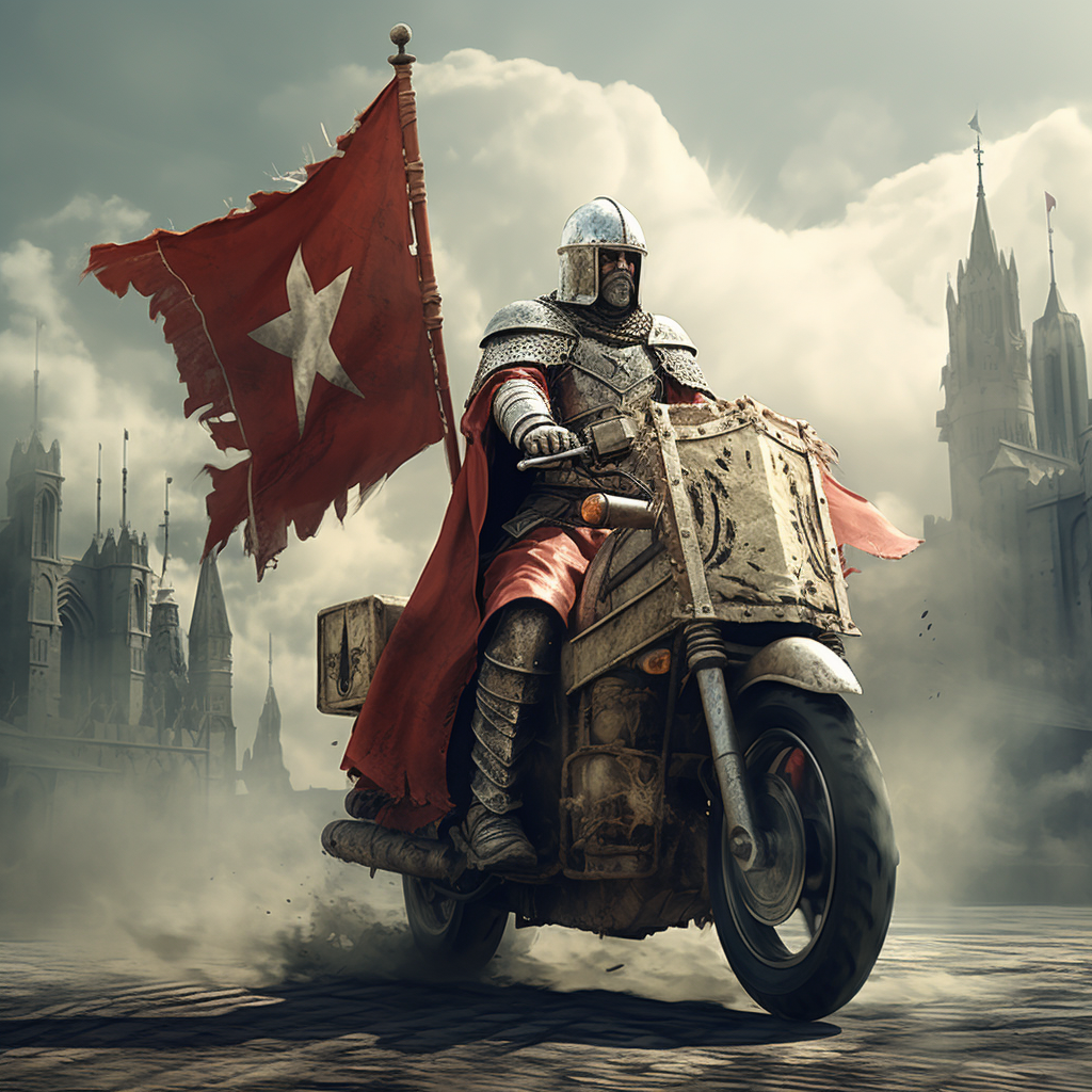 Crusader soldier on scooter with big flag