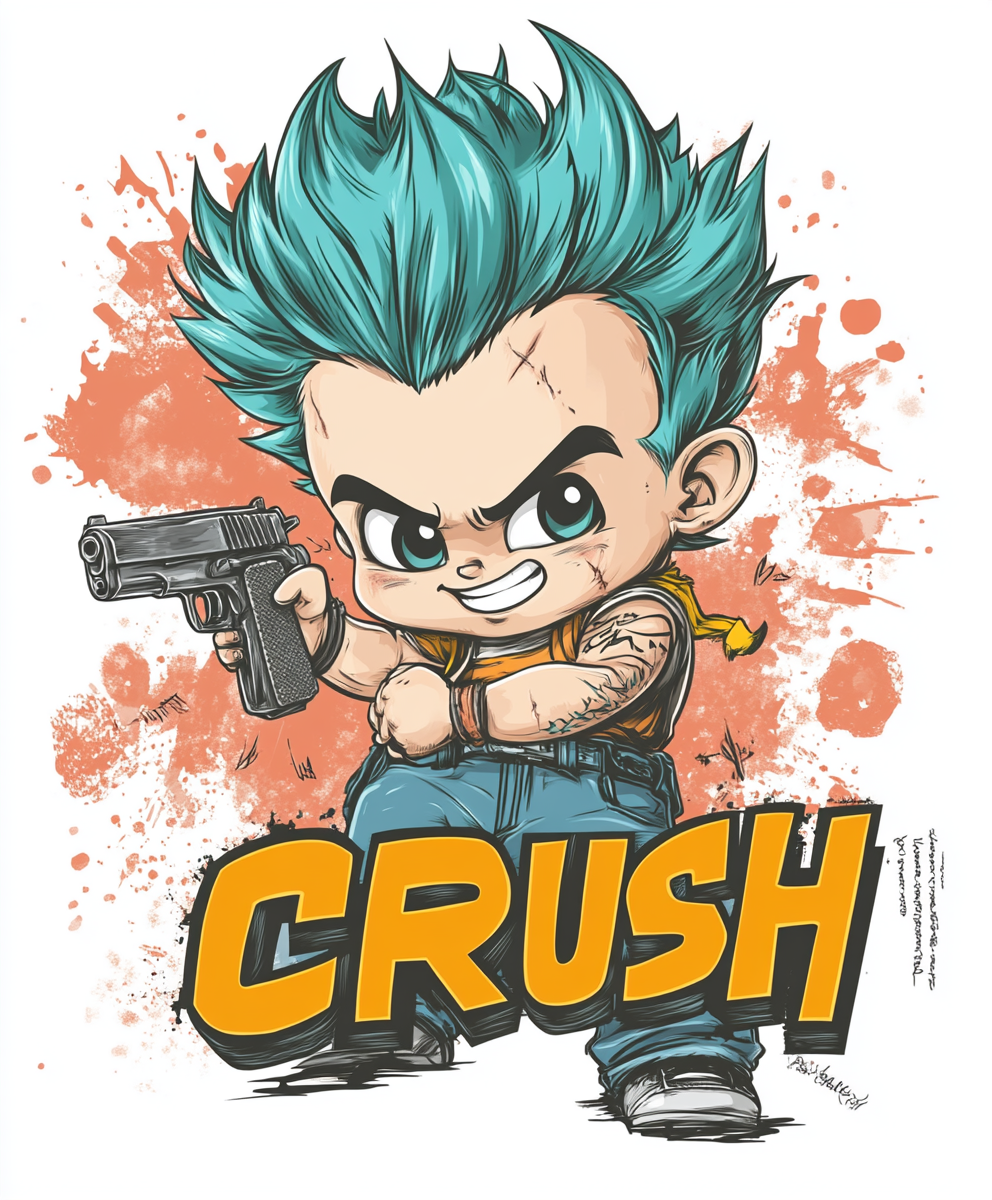 Baby holding gun with Crush logo