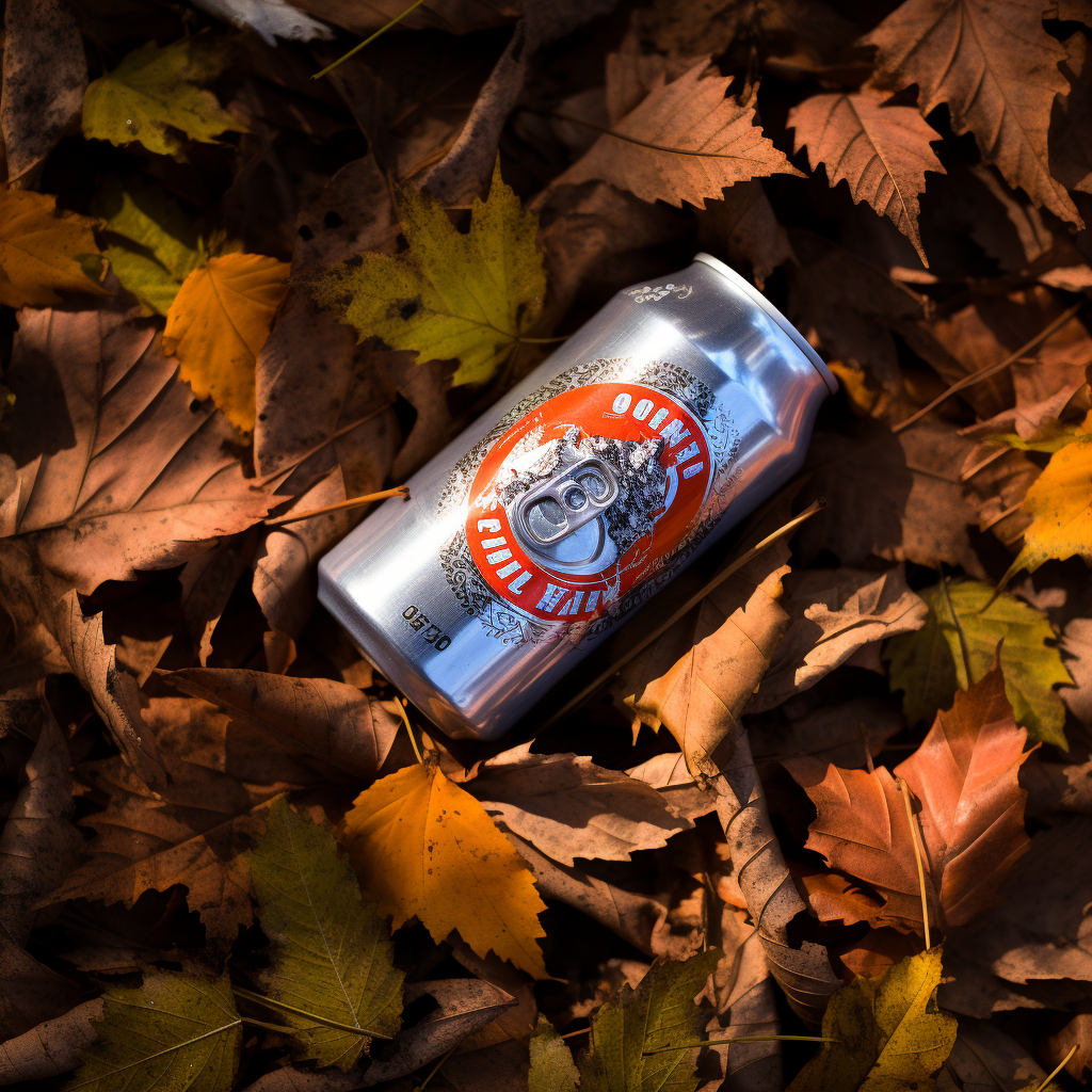 Crushed beer can covered in fall leaves