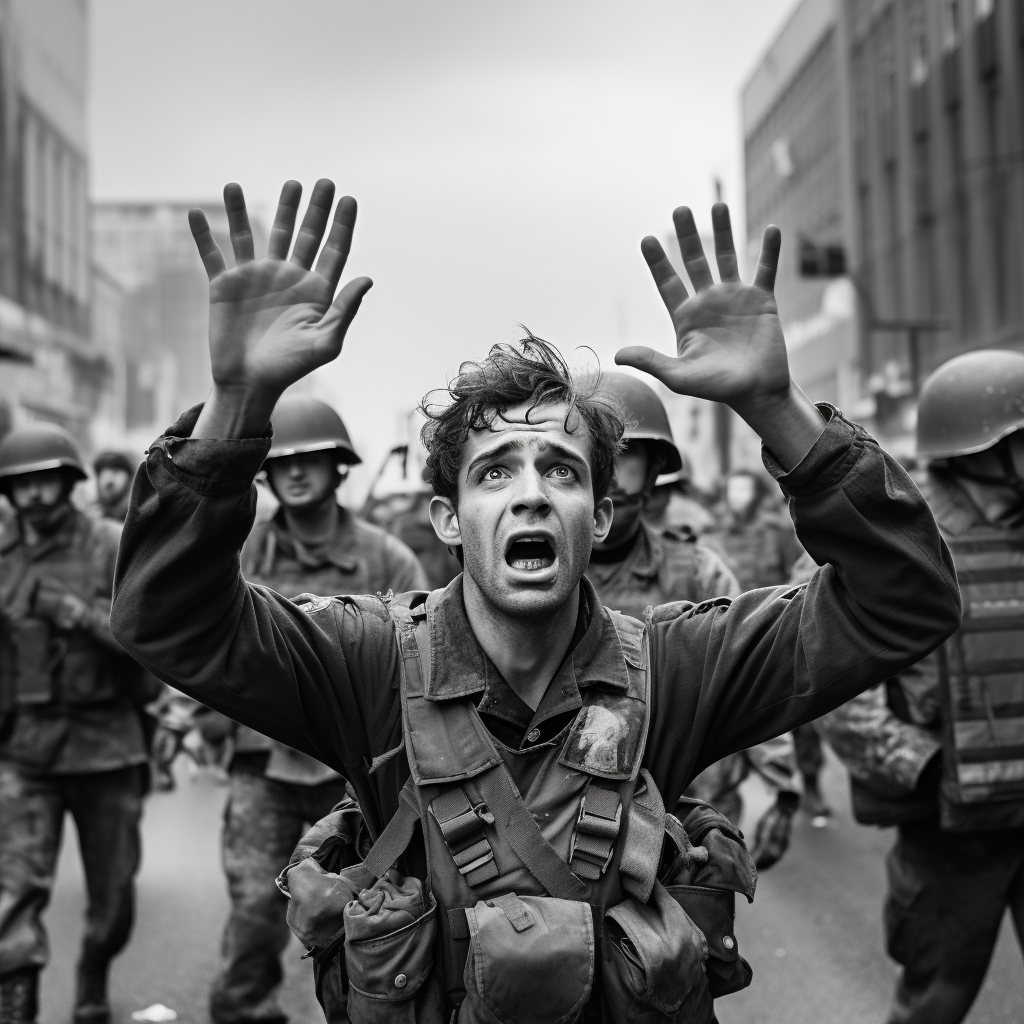 Man Crying with Raised Hands as Soldier Points Weapon