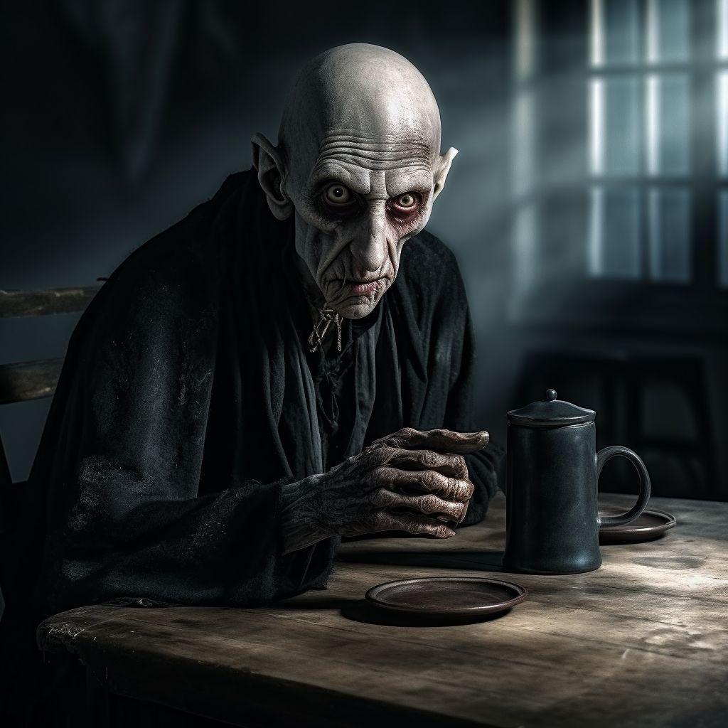 Sad Nosferatu at Table with Empty Coffee Pot