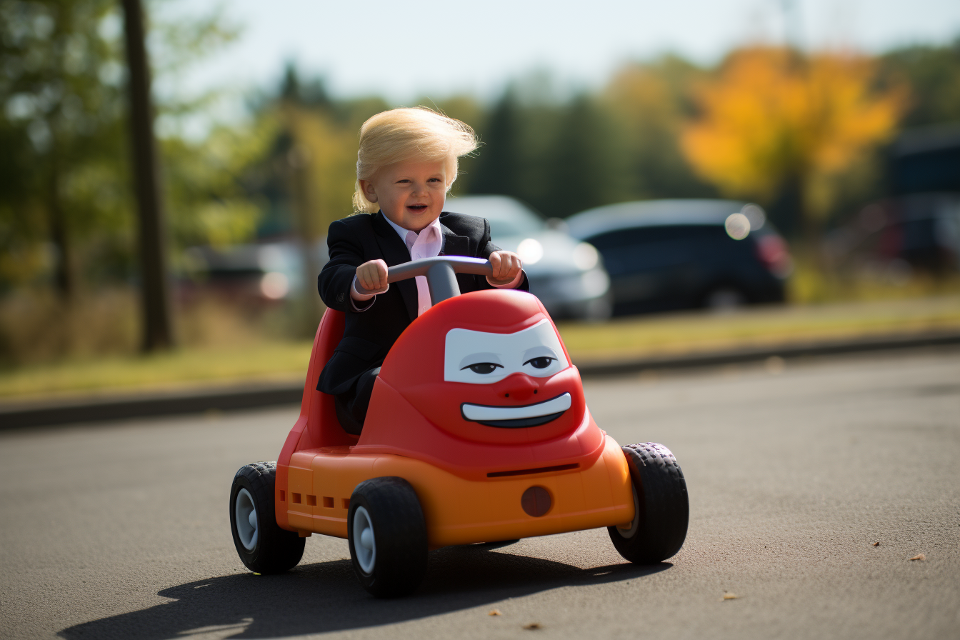 Crying Trump driving Little Tikes Cozy Coupe