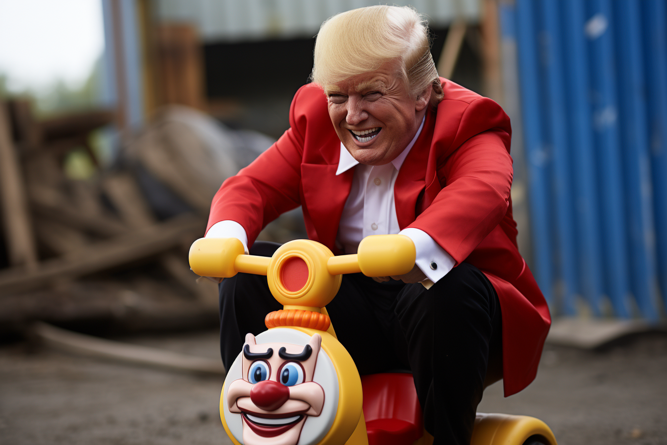 Trump driving clown car with tears