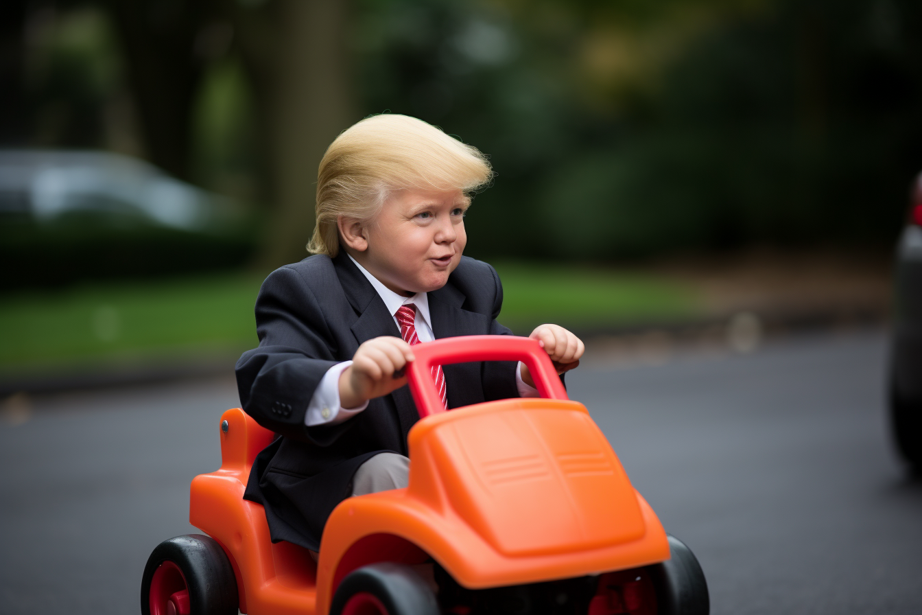 Crying Trump driving little tykes car