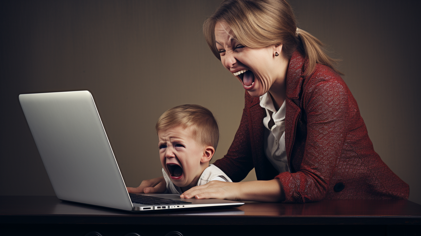 Woman crying with her mother using a computer