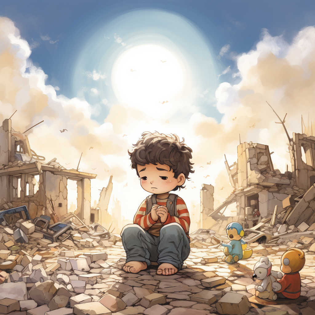 Sad Palestinian Boy Praying in Ruins