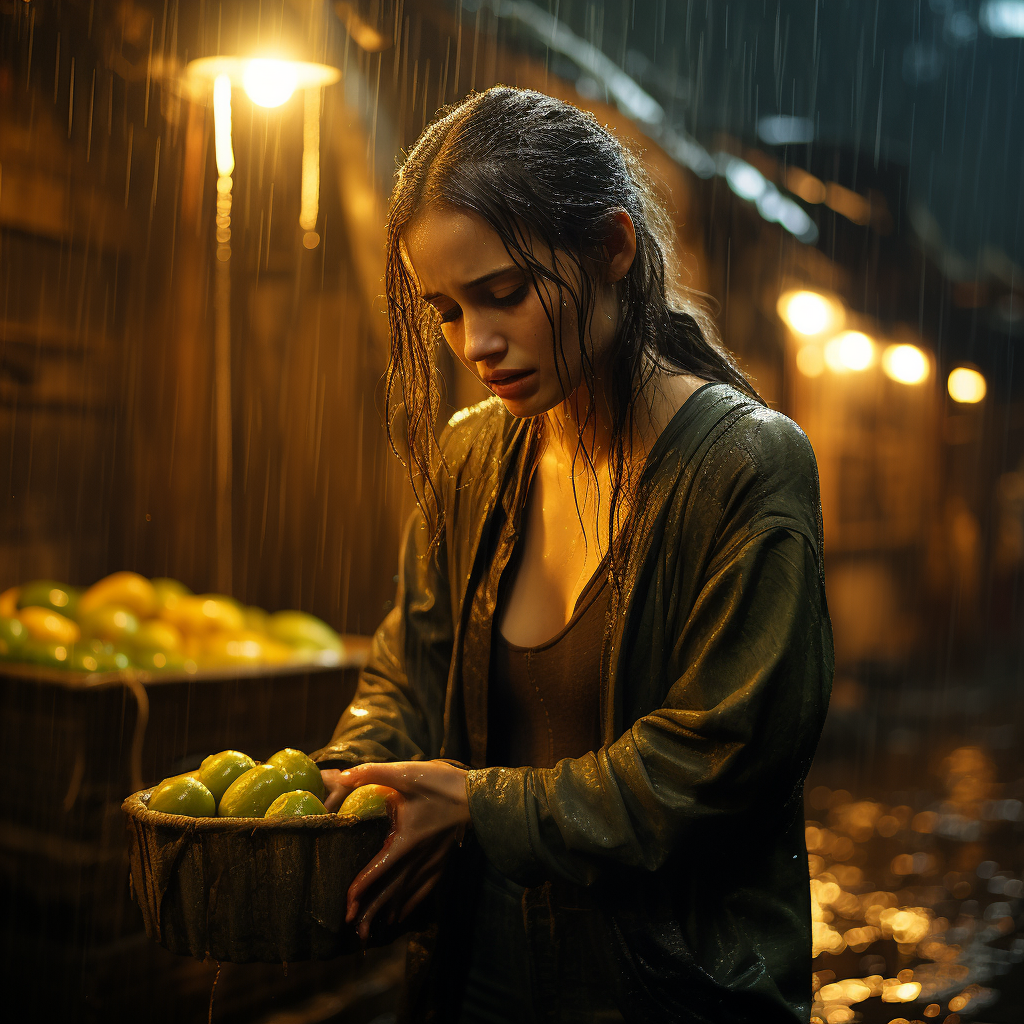 Photorealistic portrait of woman chopping onions in the rain