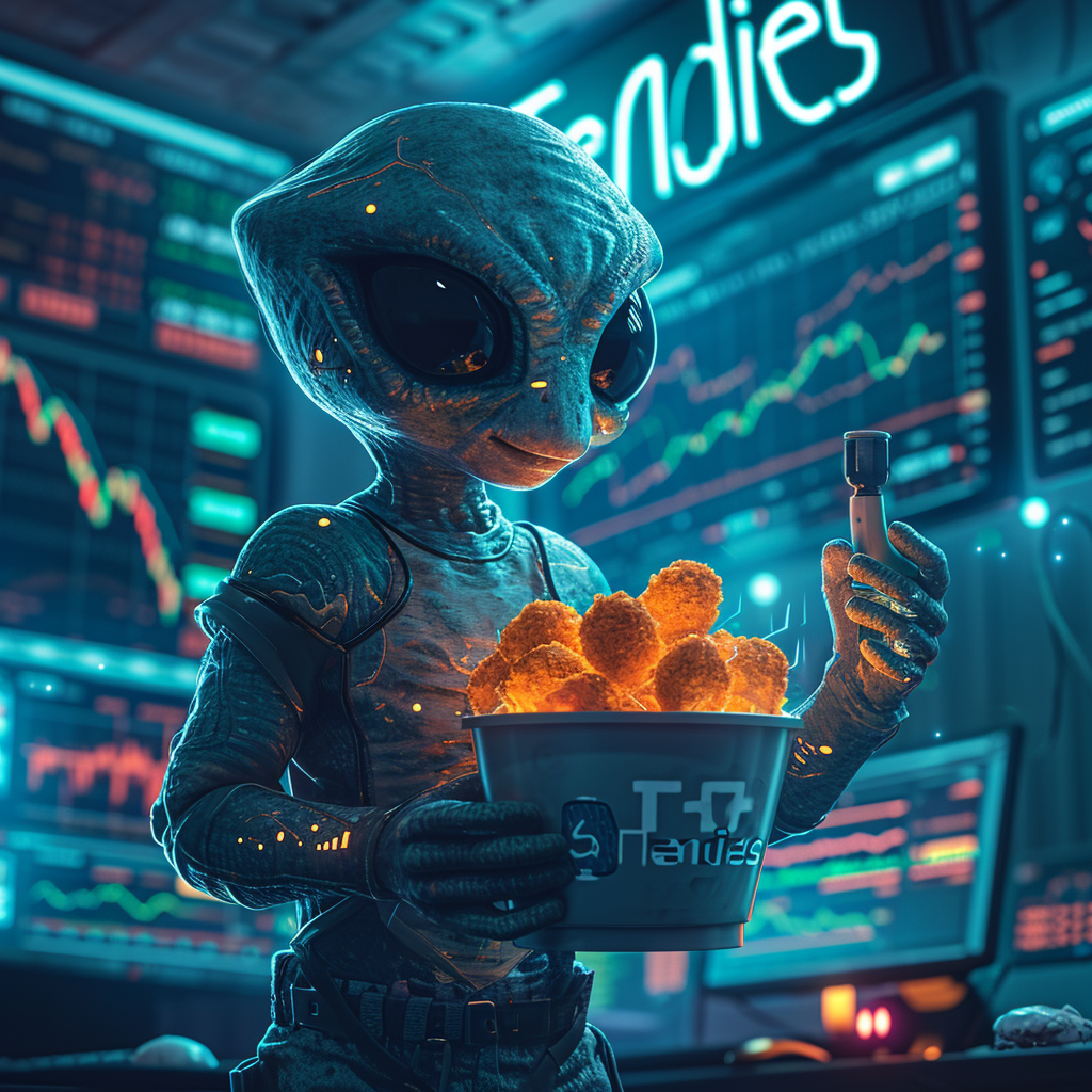 Glowing Crypto Slime Alien Holds Chicken Tendies