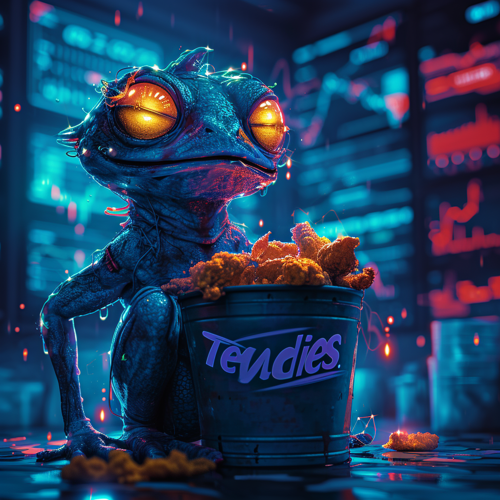 Crypto slime alien with bucket of glowing chicken tendies