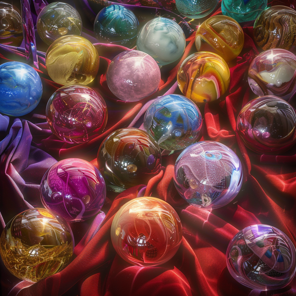 Crystal balls on colorful cloth