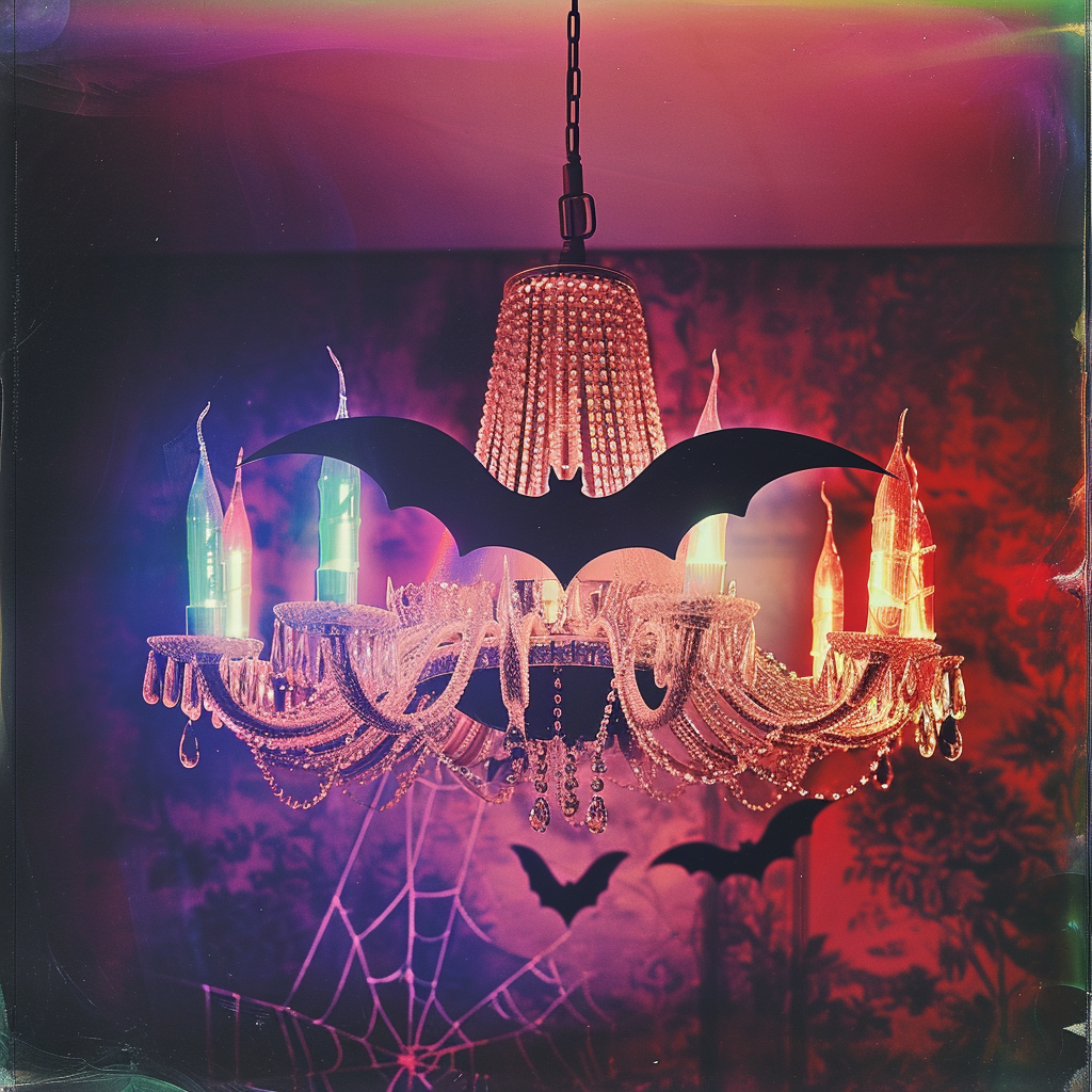 Colorful crystal bat chandelier with neon glow