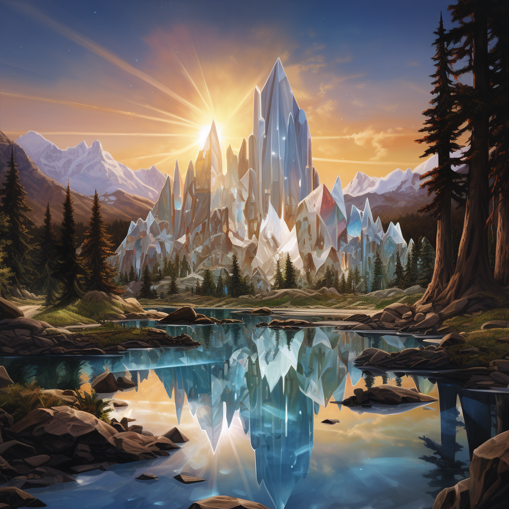 Stunning crystal castle surrounded by mountains, sunset, and trees