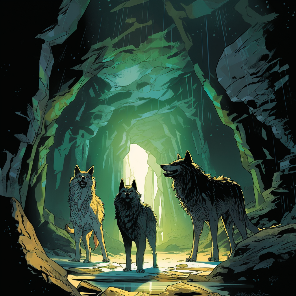 Three fairy tale wolves in a magical crystal cave