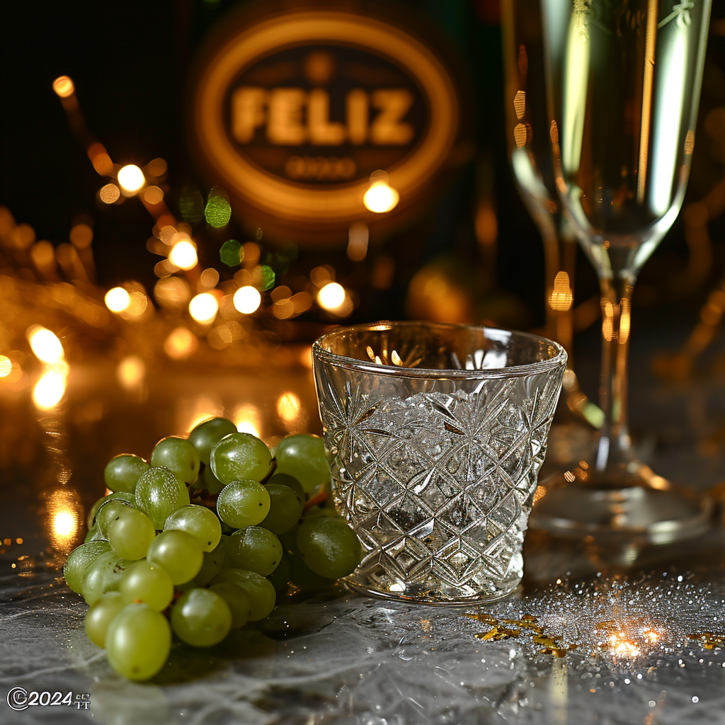 Crystal cup with green grapes and champagne glasses