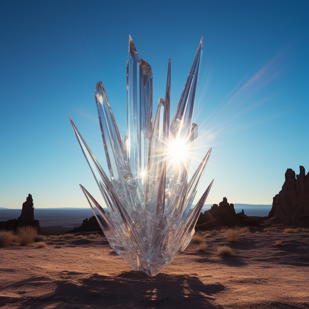 Glowing crystal glass spikes in barren desert