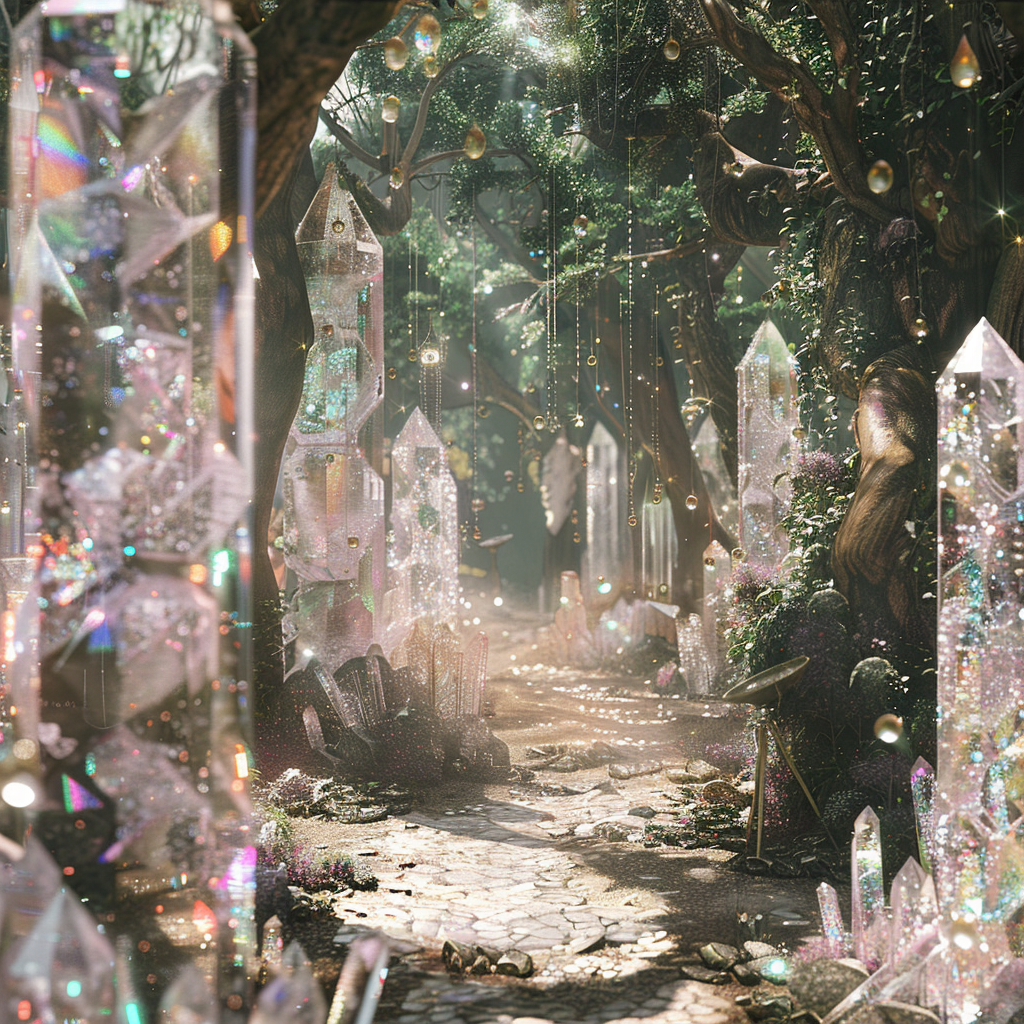 Towering crystal formations with rainbows