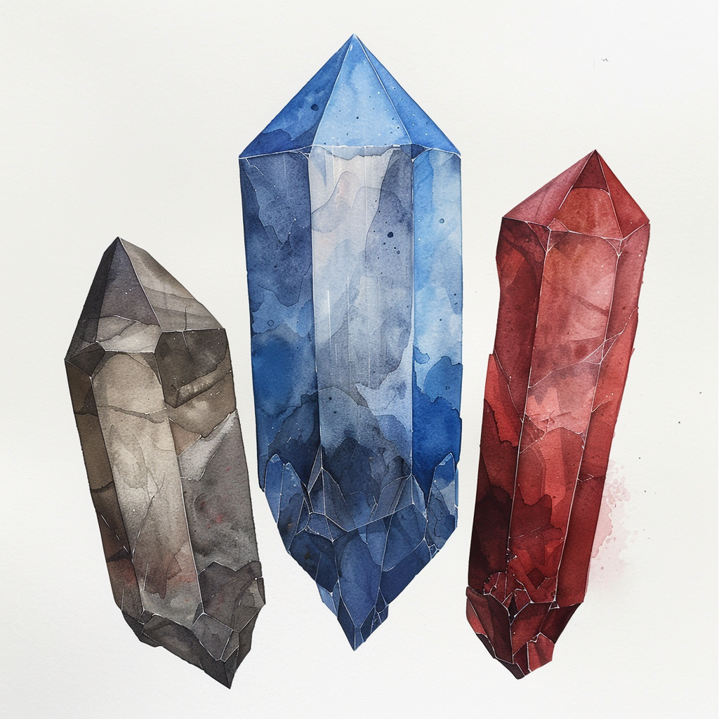 Three colorful crystals on white background