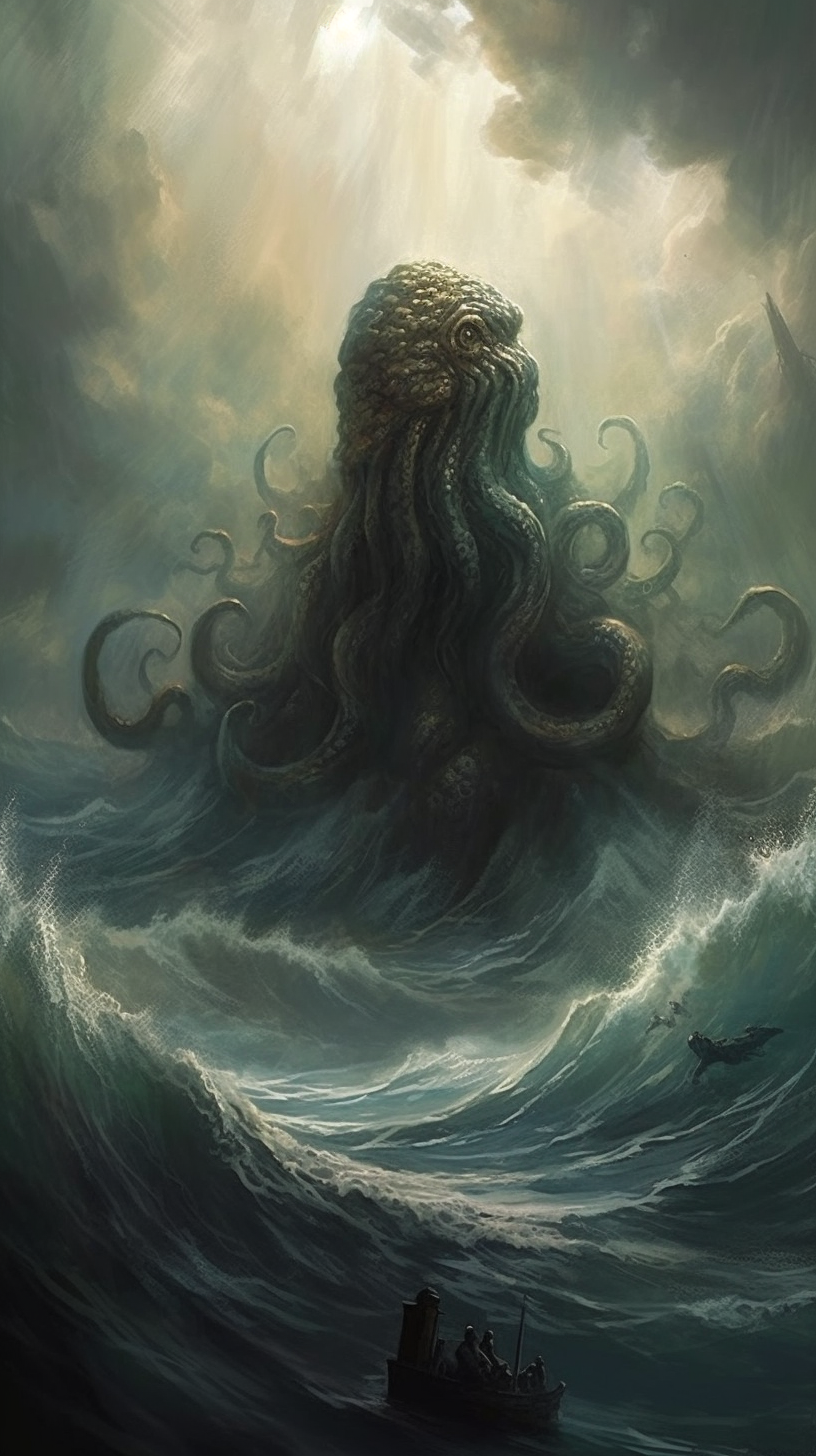 Cthulhu emerging from stormy seas