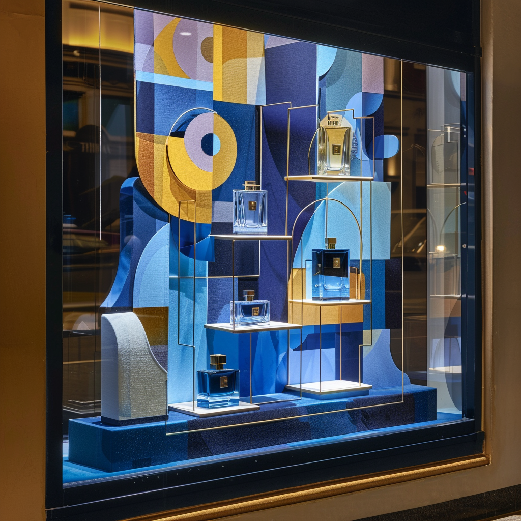 Blue perfume in cubism display