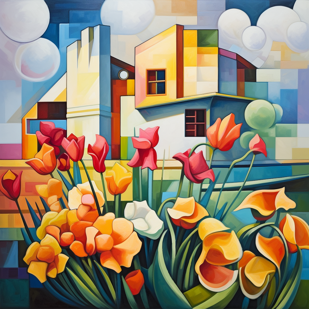 Cubist style house with flower garden