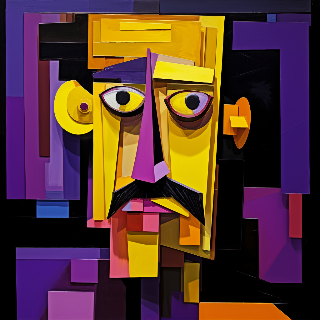 Vibrant cubist art with purple and yellow color scheme