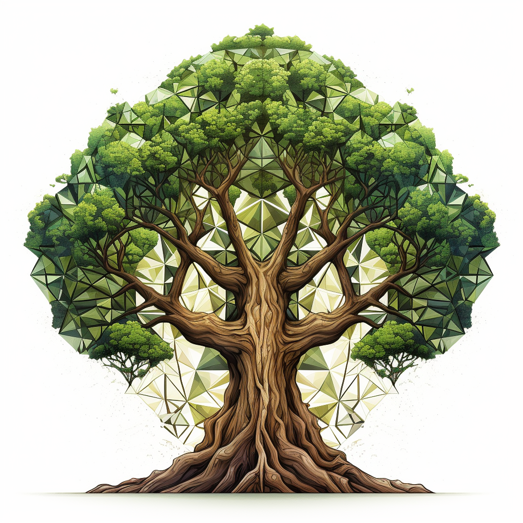 Cubistic illustration of big tree with root system