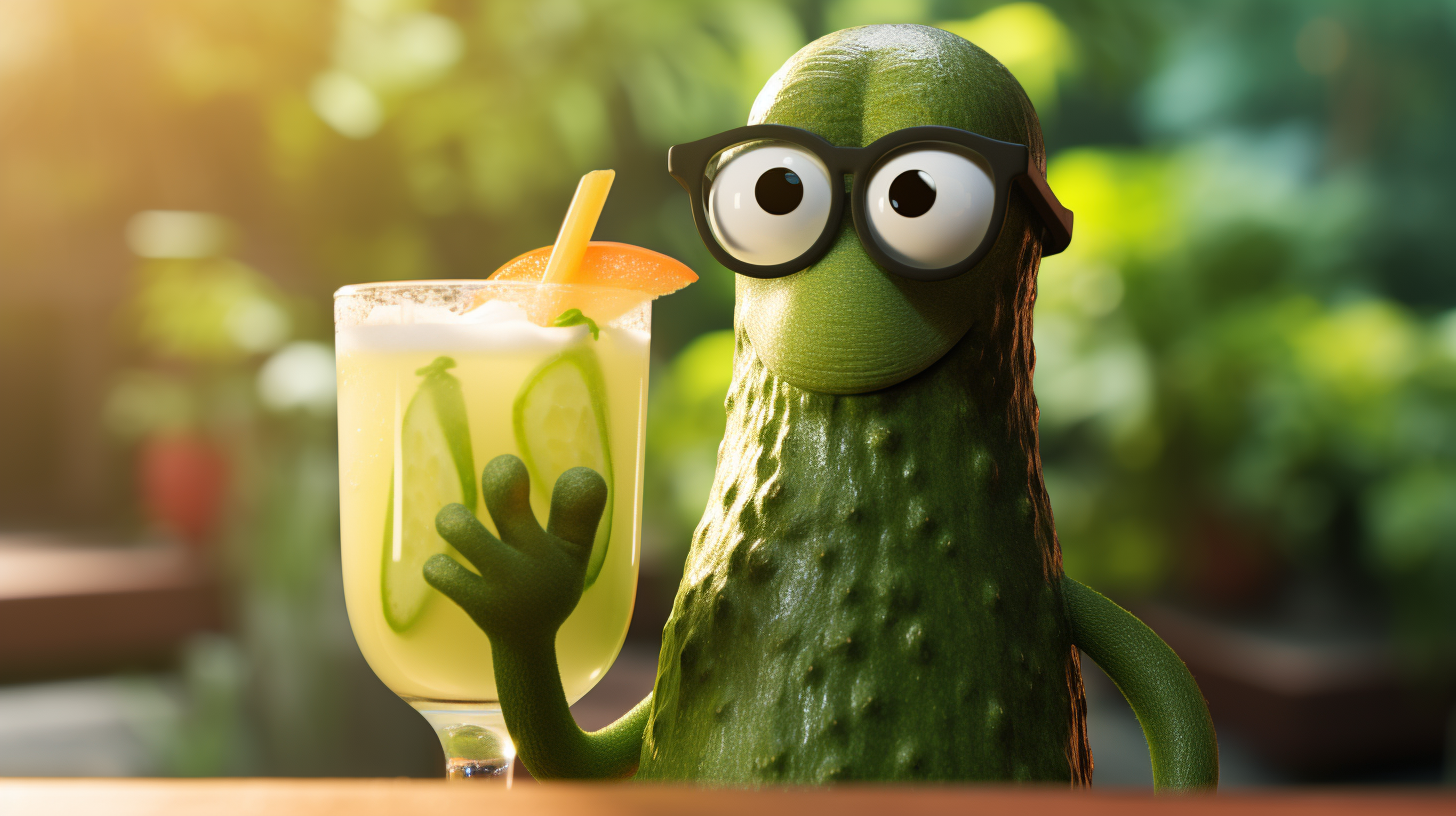 Cool cucumber with sunglasses enjoying a drink