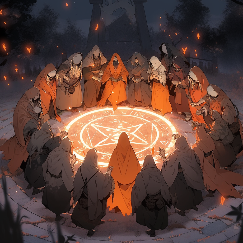 Cult members performing ritual circle