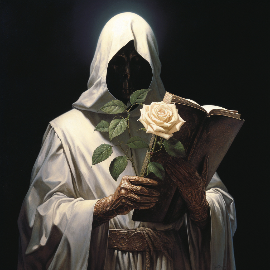 Religious cultists holding a white rose