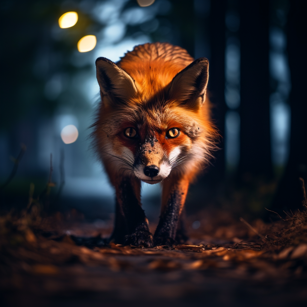 Fox peering in dark night