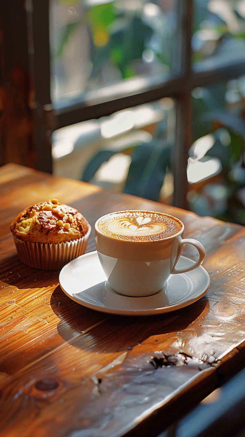 Cup of coffee with muffin on wooden table