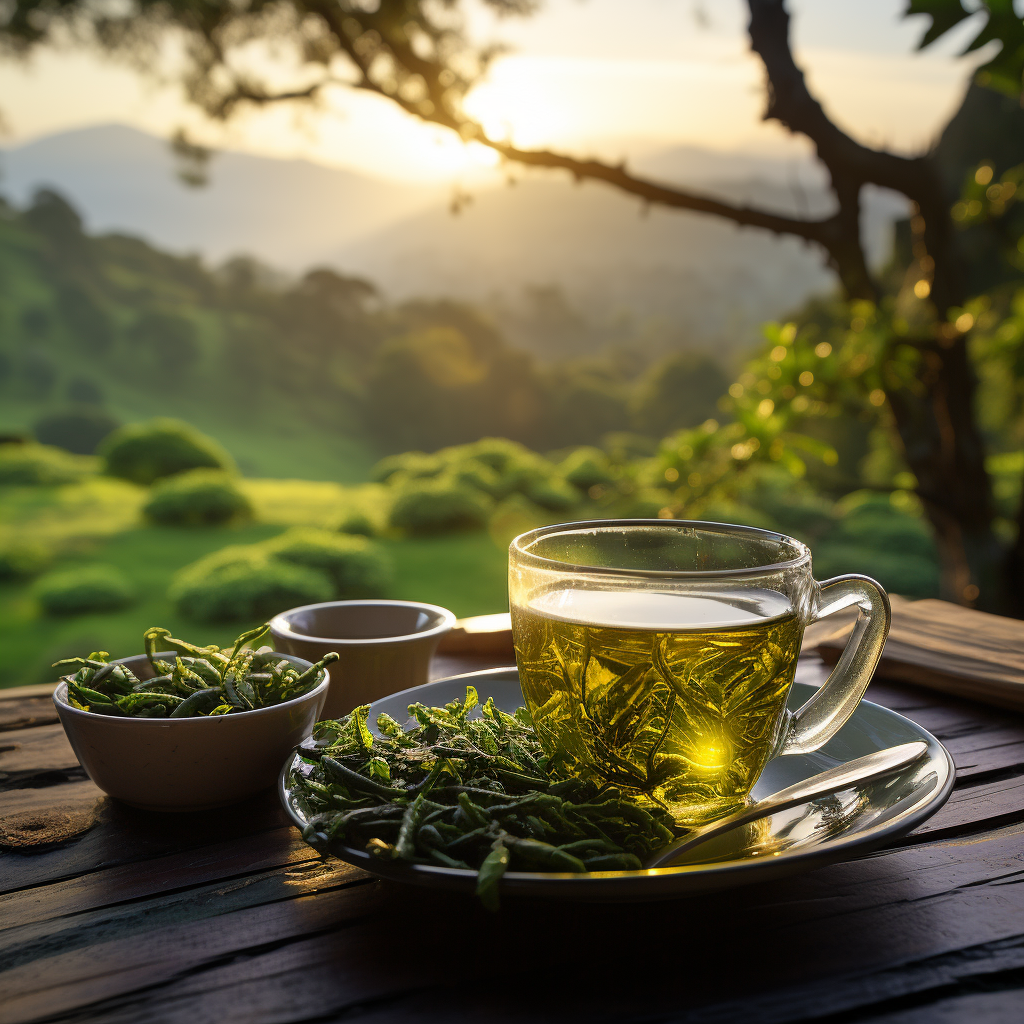 Cup of Green Tea with Javanese Nature View