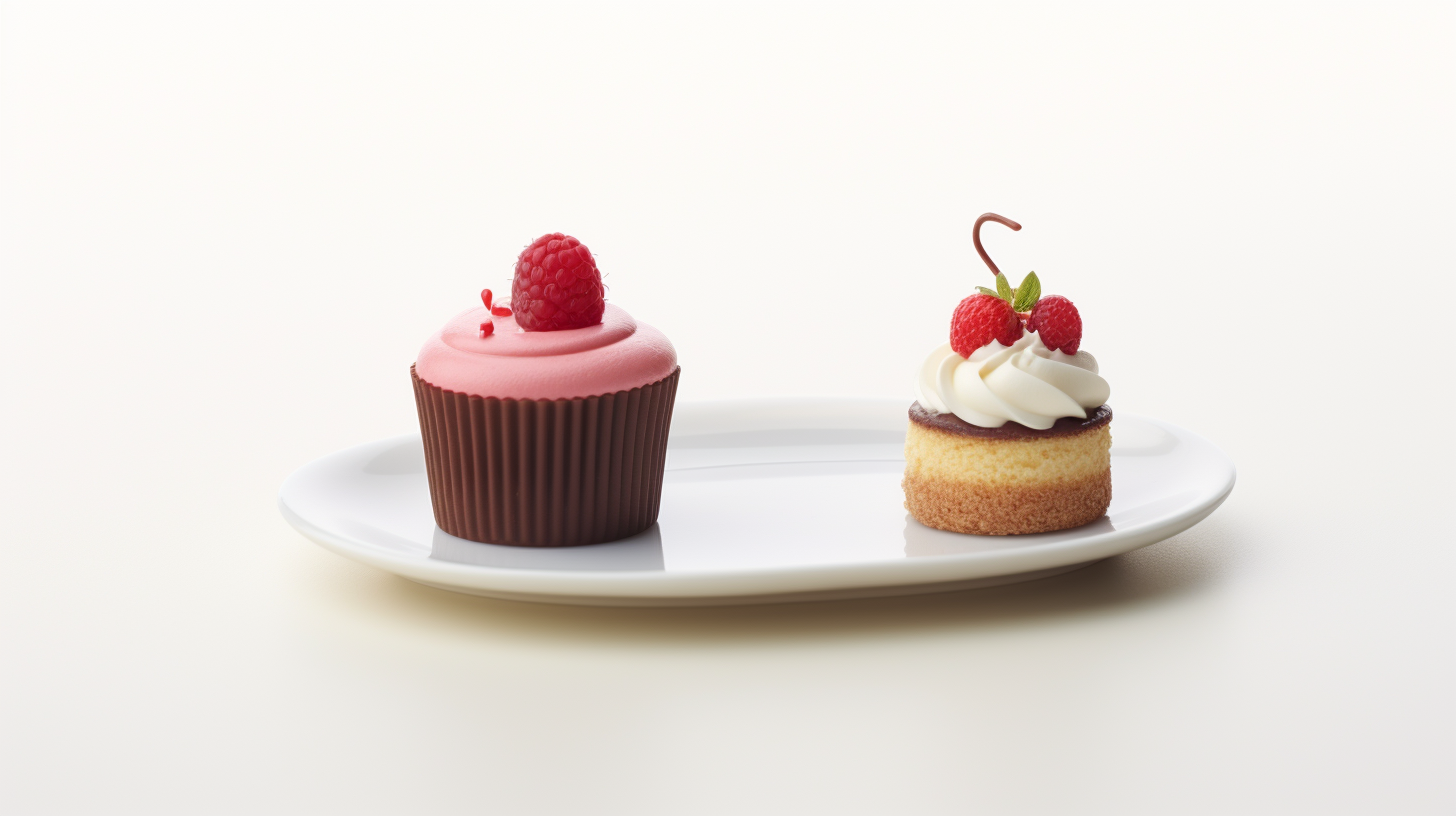 Cupcake and miniature cake on white plate