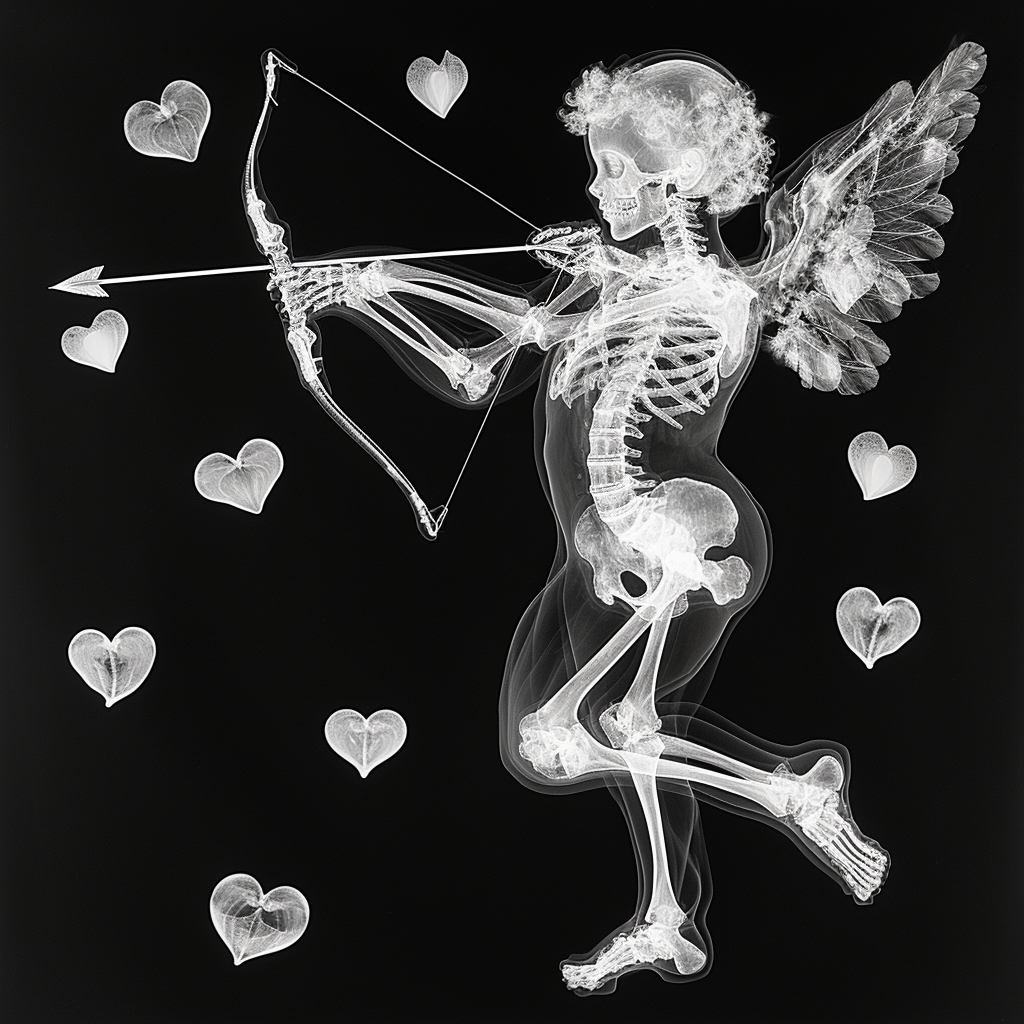 X-ray image of Cupid shooting arrow with highlighted bone structure and floating hearts